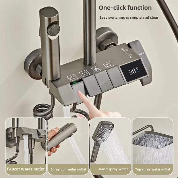 Kit de ducha de cobre completo con pantalla LED, botón de piano para baño, cabezal de ducha de refuerzo, nuevo modelo 2025