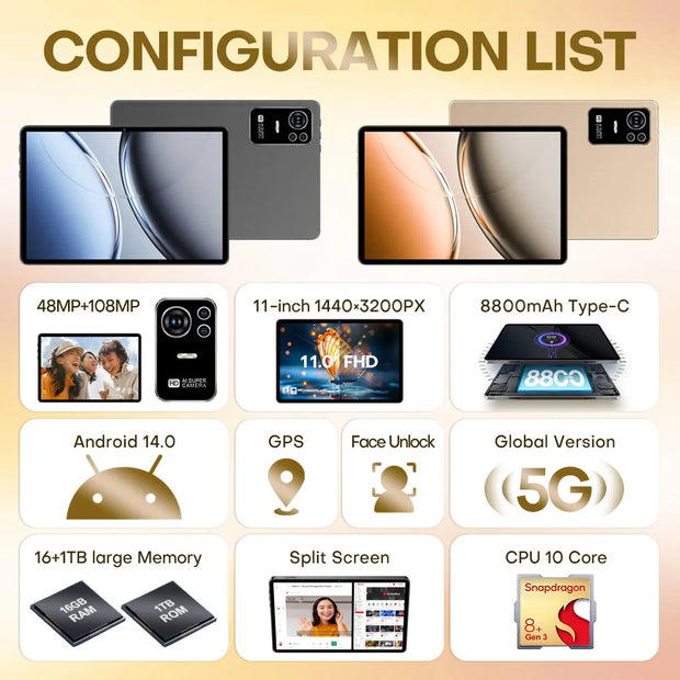 Original Pad 8 Ultra 11 Inch 16GB RAM 1TB ROM tablet Android 14 Core Pad Tablet PC Phone Dual Wifi tablette android 8800mah