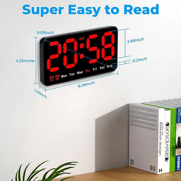Digital Wall Clock, 9Inch LED Digital Clock Large Display With 12/24H, Big Digits,Small Silent Wall Clock Durable (Red)